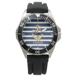 Blue Stripes & Gold Anchor Nautical Watch