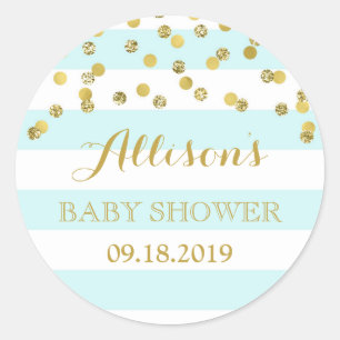 Blue Stripes Gold Confetti Baby Shower Favour Tag