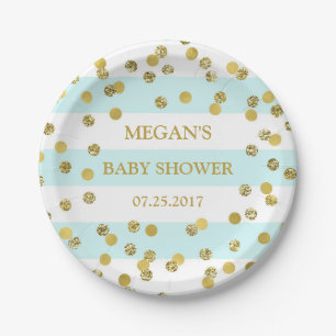 Blue Stripes Gold Confetti Baby Shower Plate