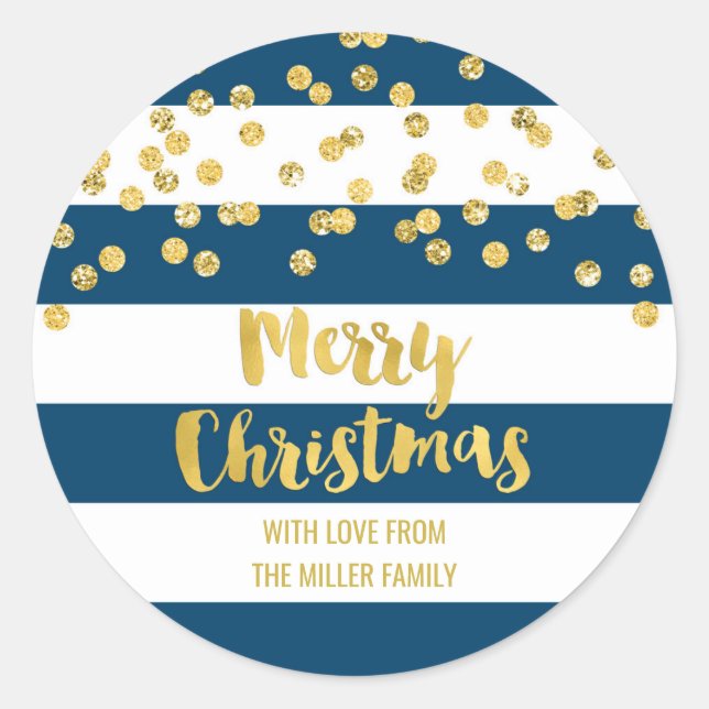 Blue Stripes Gold Confetti Merry Christmas Custom Classic Round Sticker (Front)