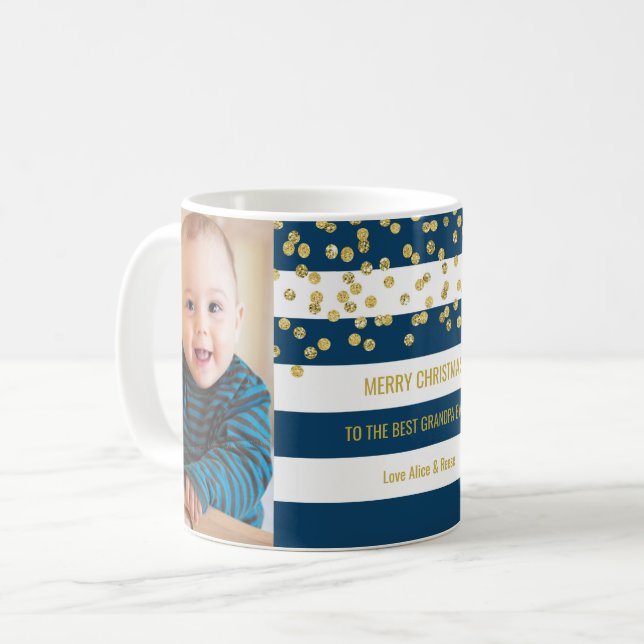 Blue Stripes Gold Photo Best Grandpa Christmas Coffee Mug (Front Left)