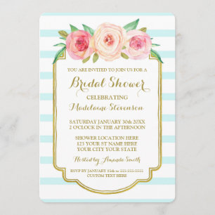 Blue Stripes Gold Pink Floral Bridal Shower Invitation