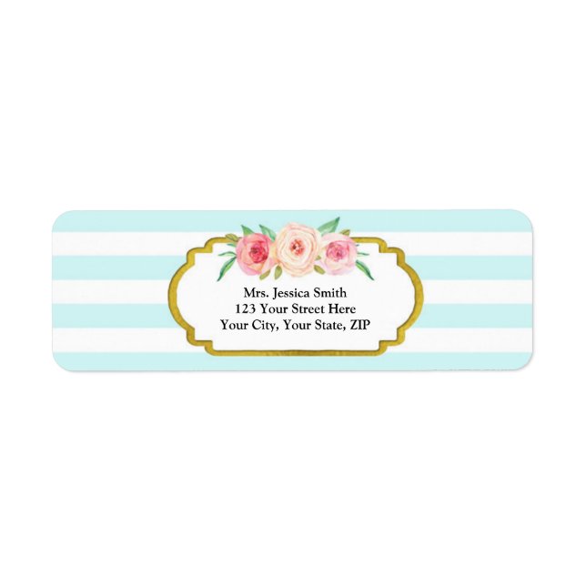 Blue Stripes Gold Pink Floral Return Address Label (Front)