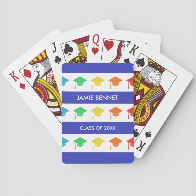 Blue Stripes & Graduation Caps | Custom Name Playing Cards (Back)