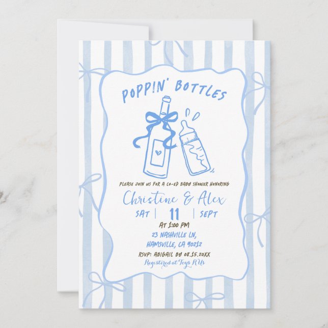 Blue Stripes Hand Drawn Poppin Bottles Baby Shower Invitation (Front)