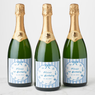 Blue Stripes Hand Drawn The Summer Birthday Sparkling Wine Label