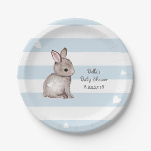 Blue Stripes Heart Bunny Party Paper Plate