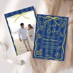 Blue Stripes Italian Ciao Baby Shower Photo Invitation