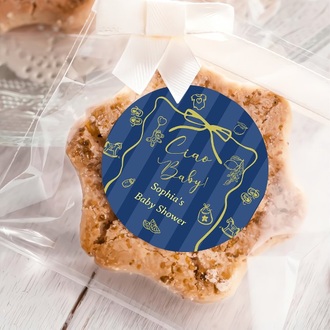 Blue Stripes Italian Themed Ciao Baby  Classic Round Sticker (Creator Uploaded)