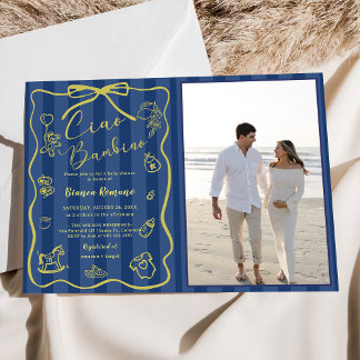 Blue Stripes Italian Themed Ciao Bambino Photo  Invitation