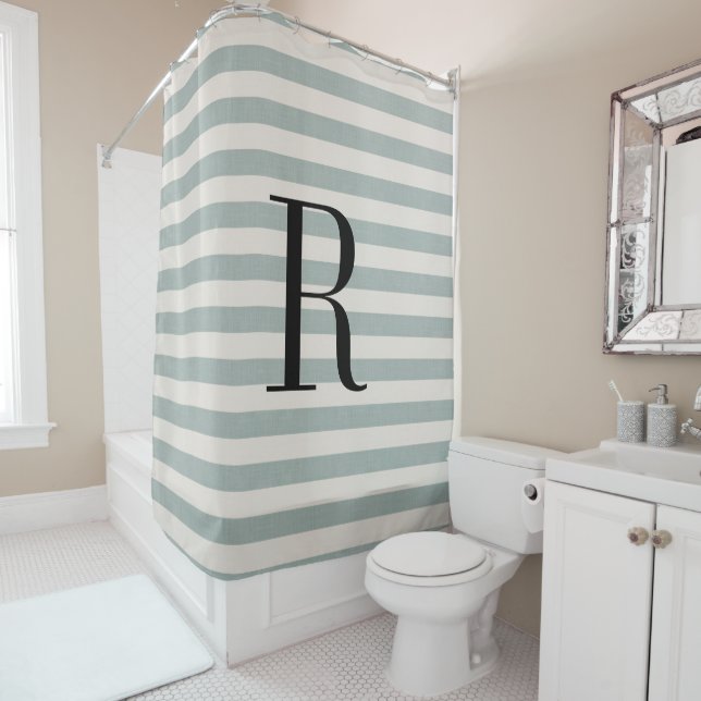 Blue Stripes Large Monogram | Farmhouse Bathroom Shower Curtain (In Situ)