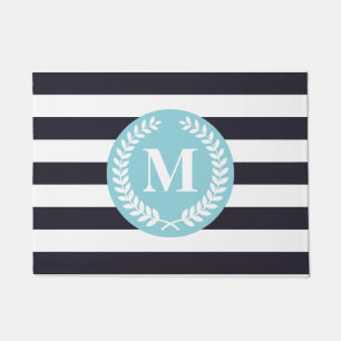Blue Stripes Laurel Wreath Monogram Doormat