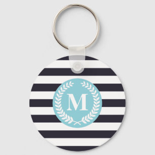 Blue Stripes Laurel Wreath Monogram Key Ring