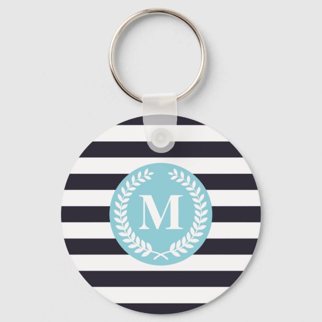 Blue Stripes Laurel Wreath Monogram Key Ring (Front)