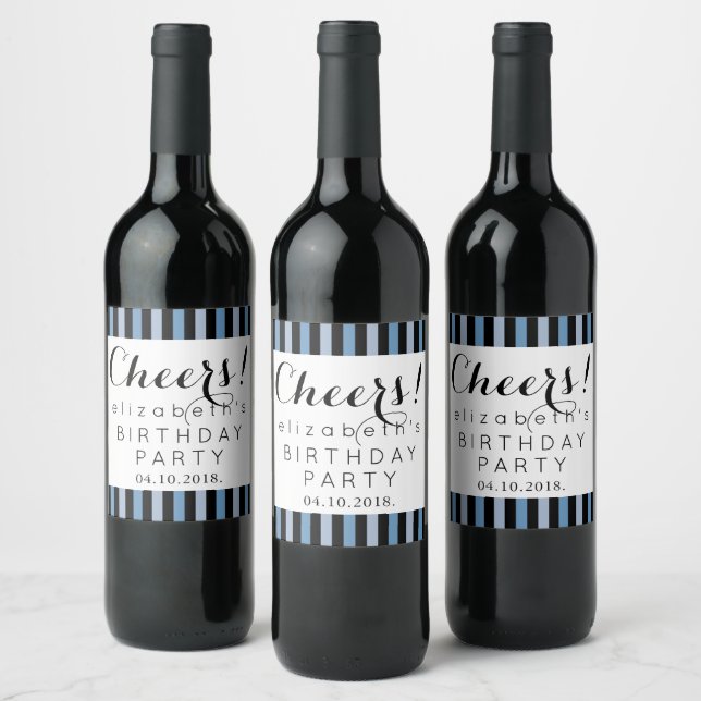 Blue Stripes, Lines, Striped Pattern, Birthday Wine Label (Bottles)