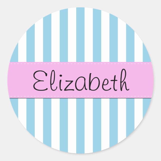 Blue Stripes, Lines, Striped Pattern, Your Name Classic Round Sticker (Front)