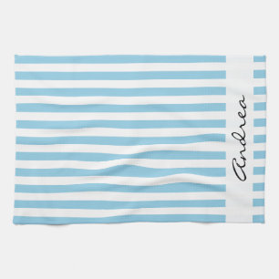 Blue Stripes, Lines, Striped Pattern, Your Name Tea Towel