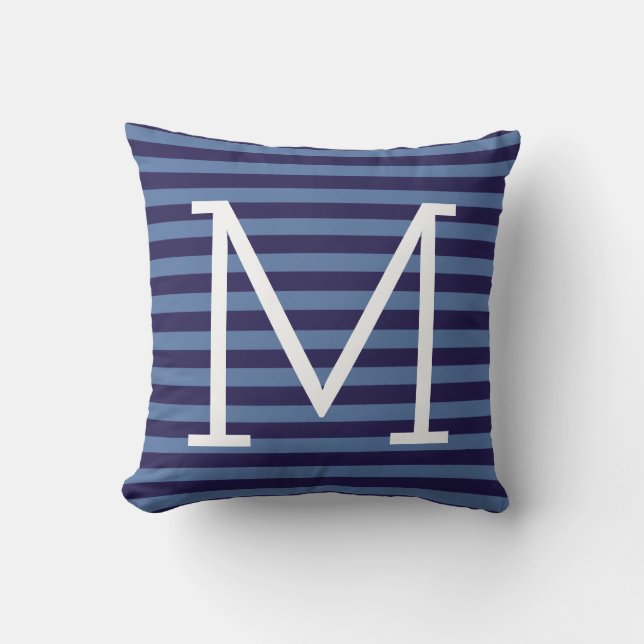 blue stripes + monogram, stylish cushion (Front)