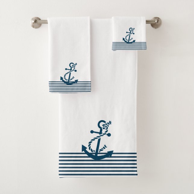 Blue Stripes & Nautical Boat Anchor Bath Towel Set (Insitu)