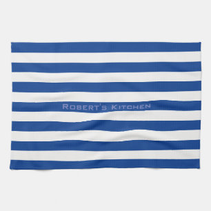 Blue Stripes on any Colour with Custom Text Tea Towel