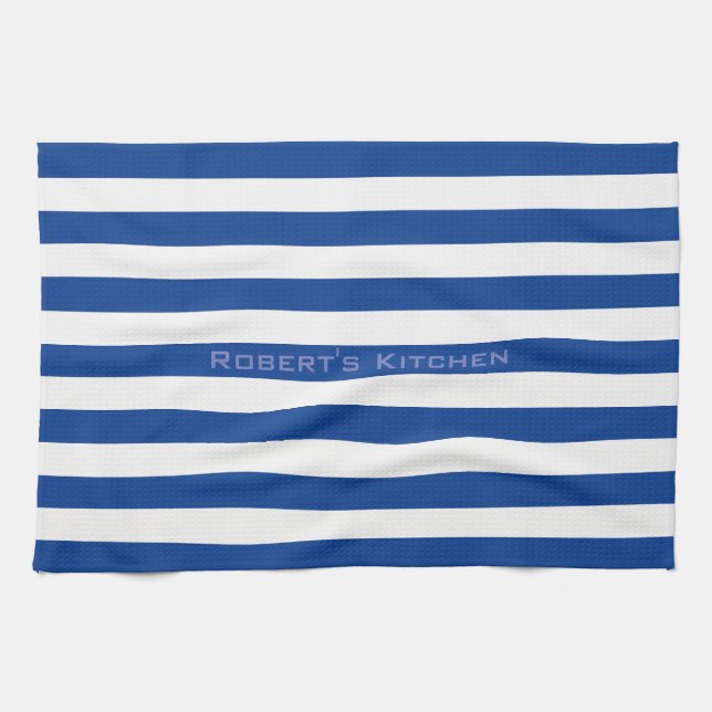 Blue Stripes on any Colour with Custom Text Tea Towel (Horizontal)