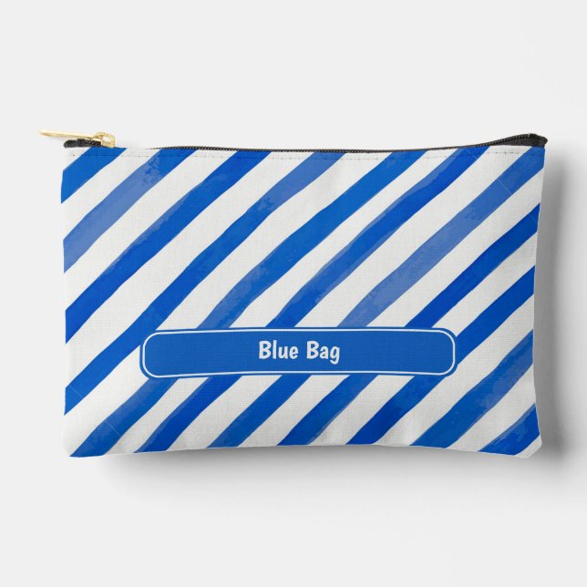 Blue Stripes on White and Text Accessory Pouch (Front)