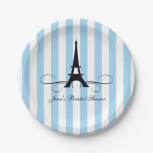 Blue Stripes Paris Eiffel Tower Bridal Shower Paper Plate