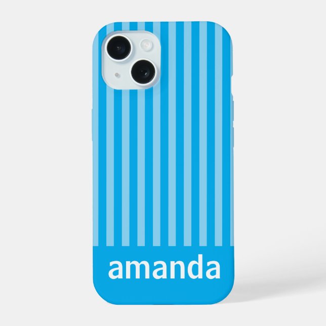 BLUE STRIPES PERSONALIZED NAME STYLISH MODERN  iPhone 15 CASE (Back)