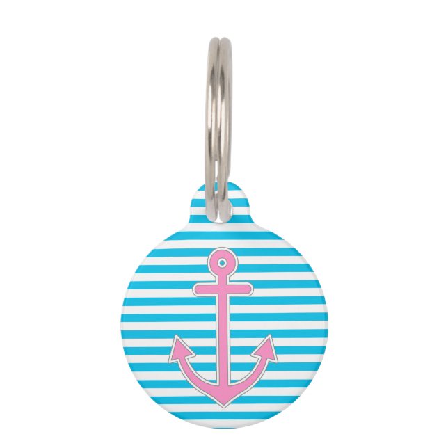 Blue Stripes Pink Anchor Nautical Pet Tag (Front)