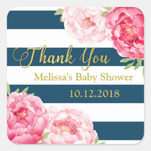 Blue Stripes Pink Floral Baby Shower Thank You Square Sticker