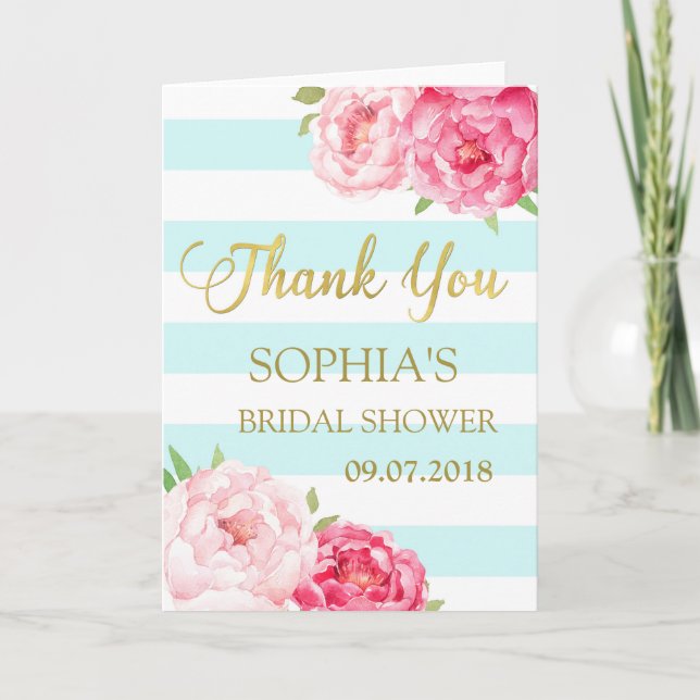 Blue Stripes Pink Floral Bridal Shower Thank You (Front)