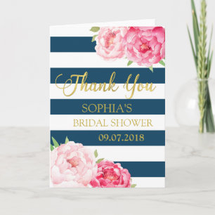 Blue Stripes Pink Floral Bridal Shower Thank You Card