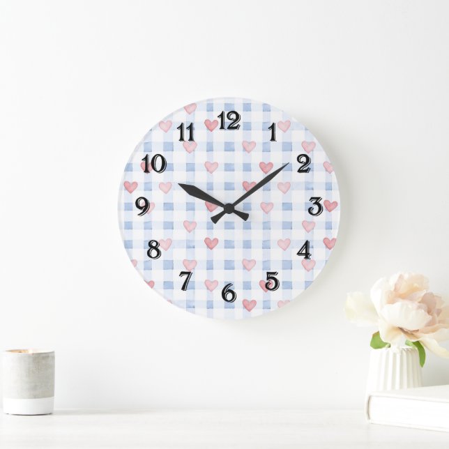 Blue Stripes Pink Hearts   Large Clock (Home)