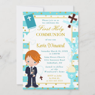 Blue Stripes Red Haired Boy First Holy Communion Invitation