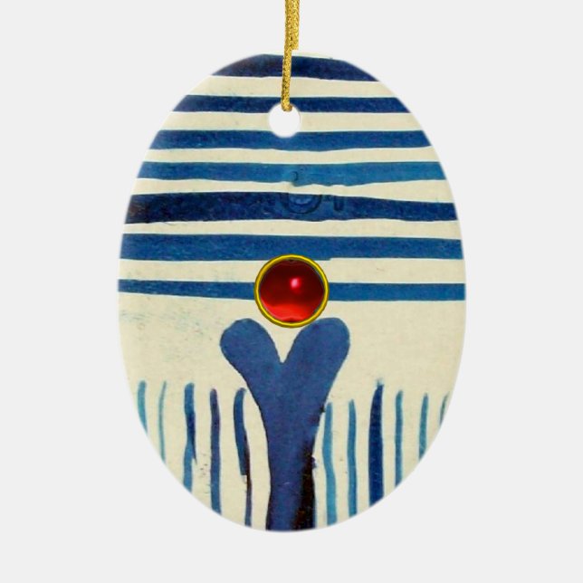 BLUE STRIPES & RED RUBY CERAMIC TREE DECORATION (Front)