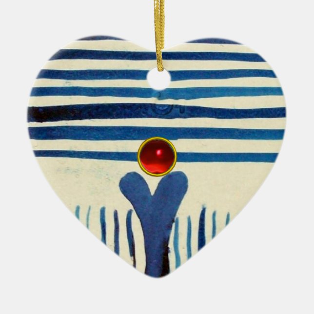 BLUE STRIPES & RED RUBY HEART CERAMIC TREE DECORATION (Front)