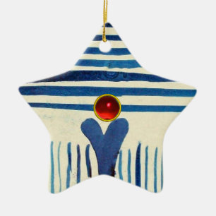 BLUE STRIPES & RED RUBY STAR CERAMIC ORNAMENT