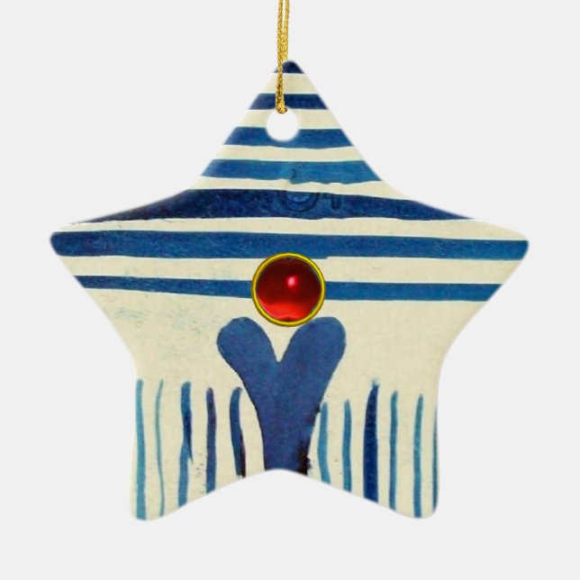 BLUE STRIPES & RED RUBY STAR CERAMIC ORNAMENT (Front)
