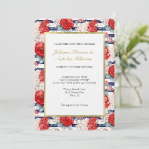 Blue Stripes Red White Floral Wedding Invitation