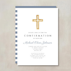 Blue Stripes Religious Cross Boy Confirmation Invitation
