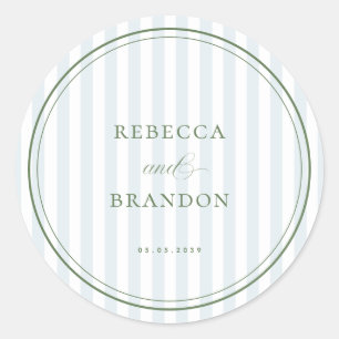 Blue Stripes Sage Green Border Wedding Favour Classic Round Sticker