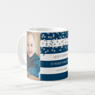 Blue Stripes Silver Photo Best Grandma Christmas Coffee Mug