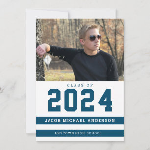 Blue Stripes Sporty Photo Graduation Party Invitation