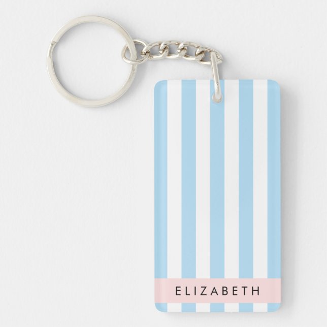 Blue Stripes, Striped Pattern, Lines, Your Name Key Ring (Front)