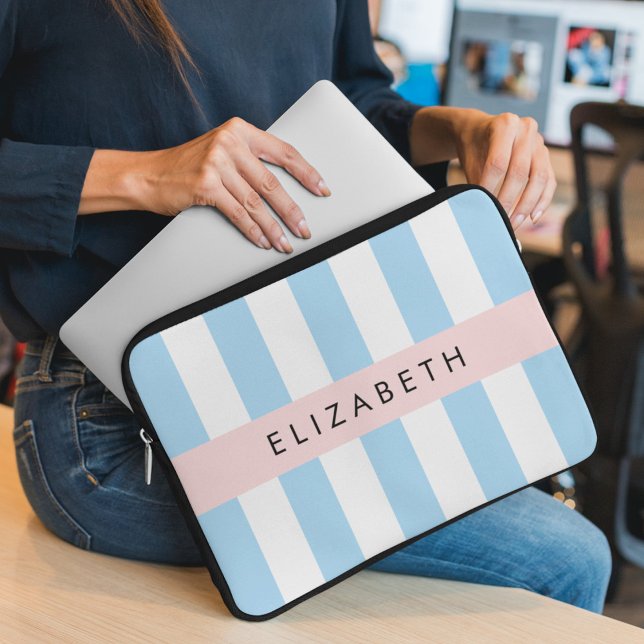 Blue Stripes, Striped Pattern, Lines, Your Name Laptop Sleeve (Creator Uploaded)
