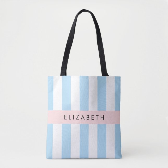 Blue Stripes, Striped Pattern, Lines, Your Name Tote Bag (Front)