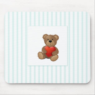 Blue Stripes - Teddy Bear with Valentine Heart Mouse Pad