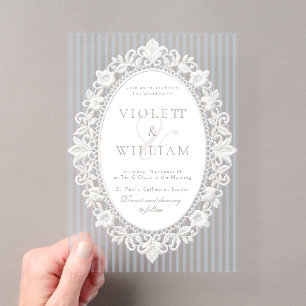 Blue Stripes Vintage Lace Old Money Wedding Acrylic Invitations