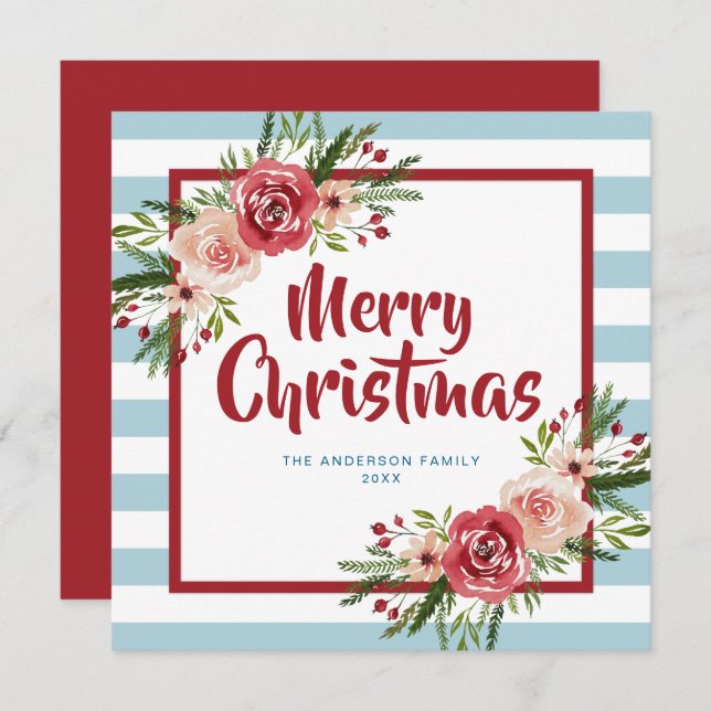 Blue Stripes Watercolor Flowers Christmas Card (Front/Back)