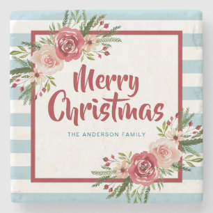 Blue Stripes Watercolor Flowers Christmas Stone Coaster